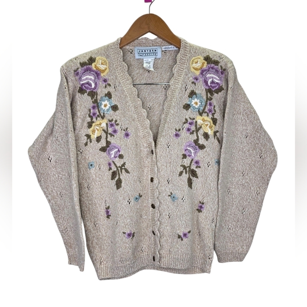 Vintage 90s Jantzen Petite Beige Cardigan Floral Embroidery Cotton Size Small